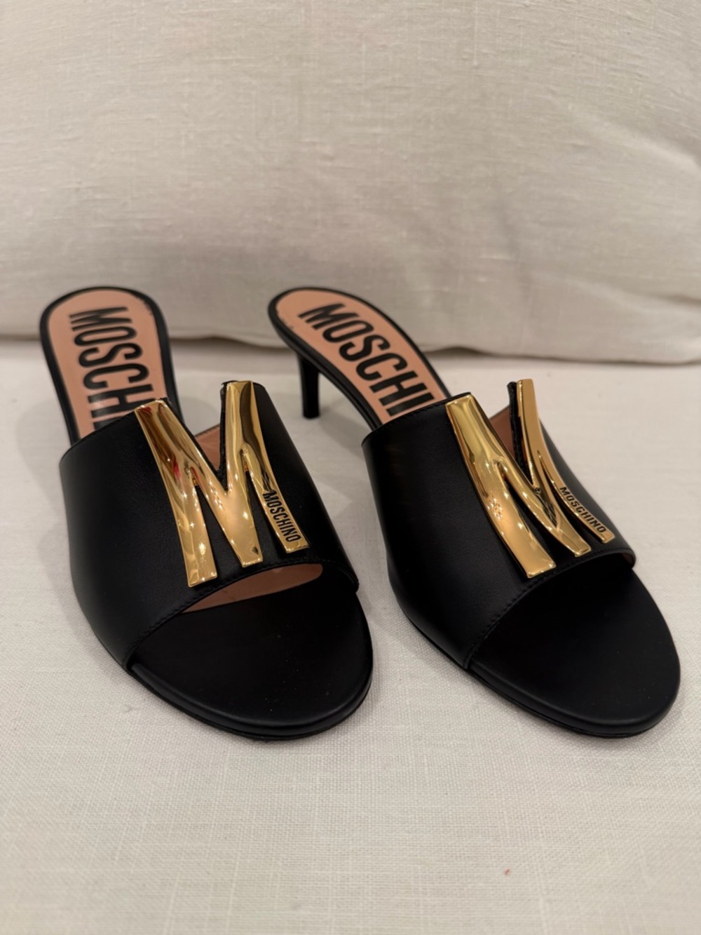 Moschino Black Slide Mules with Gold M Emblem
